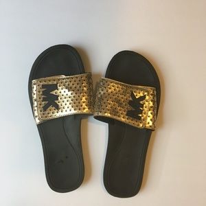 MK Black & Gold Leather Rubber Velcro Slides